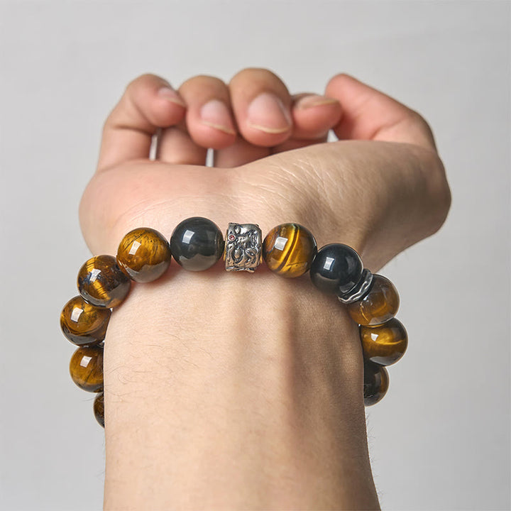 Buddha Stonesタイガーアイ シルバーシーンオブシディアン 瞑想仏陀頭守護ブレスレット - image 3