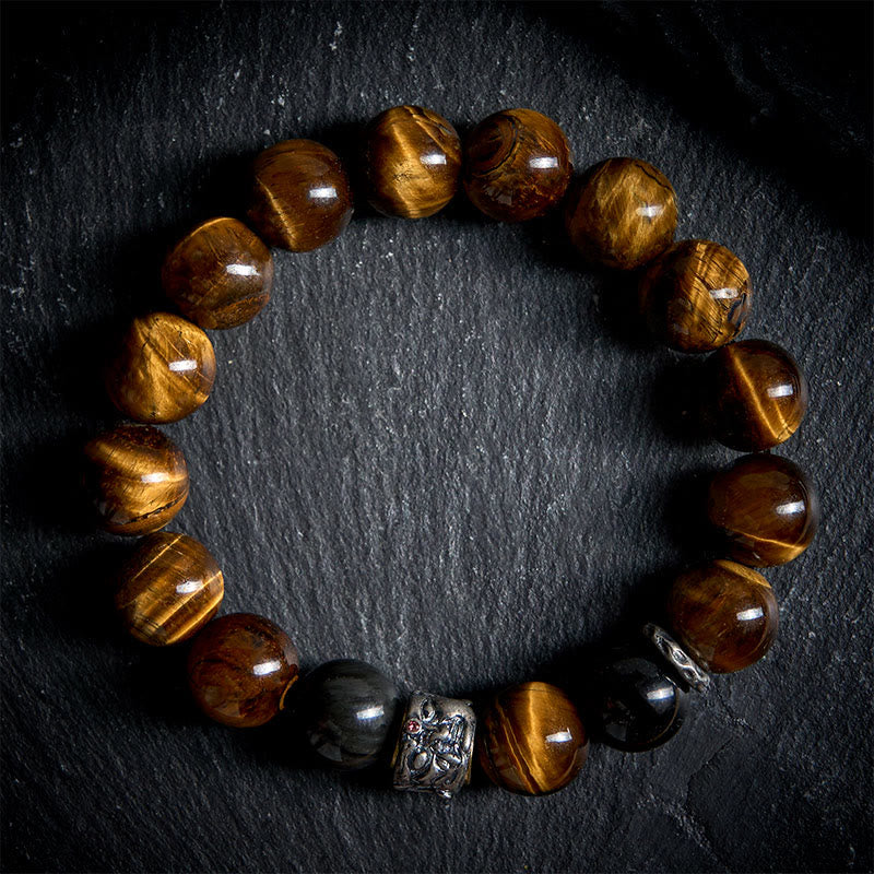 Buddha Stonesタイガーアイ シルバーシーンオブシディアン 瞑想仏陀頭守護ブレスレット - image 1