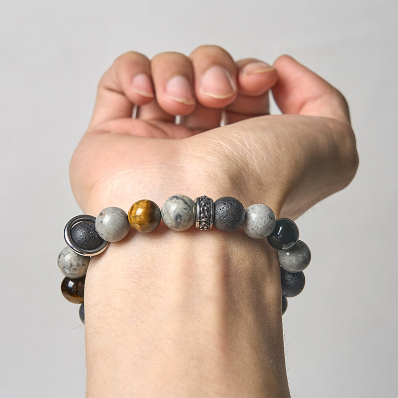 Buddha Stonesグレージャスパー 溶岩石 シルバーシーン オブシディアン タイガーアイ ヒーリングブレスレット - image 3