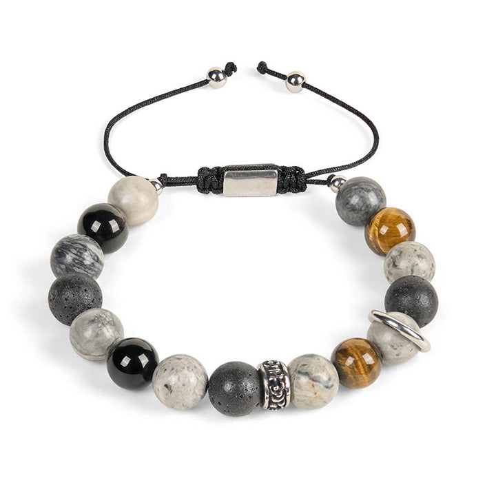 Buddha Stonesグレージャスパー 溶岩石 シルバーシーン オブシディアン タイガーアイ ヒーリングブレスレット - image 4