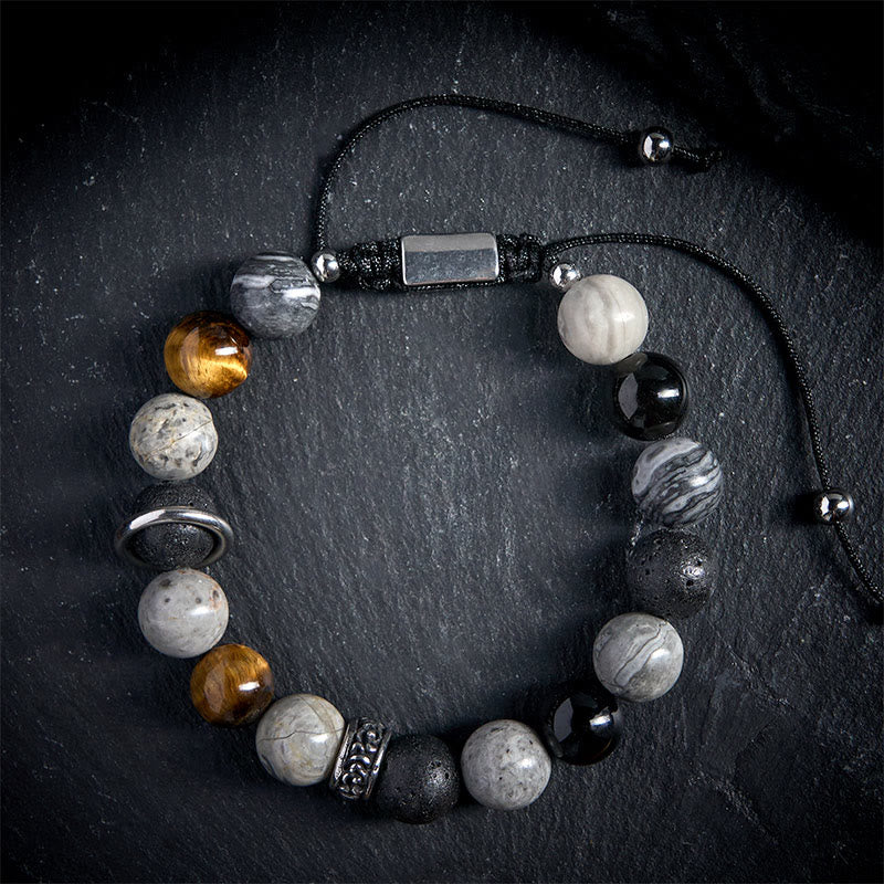 Buddha Stonesグレージャスパー 溶岩石 シルバーシーン オブシディアン タイガーアイ ヒーリングブレスレット - image 1