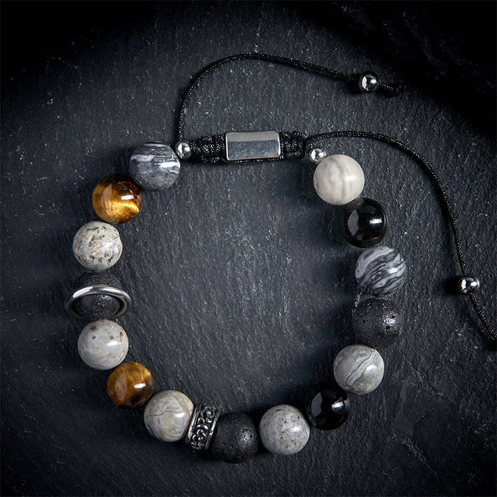 Buddha Stonesグレージャスパー 溶岩石 シルバーシーン オブシディアン タイガーアイ ヒーリングブレスレット - image 1