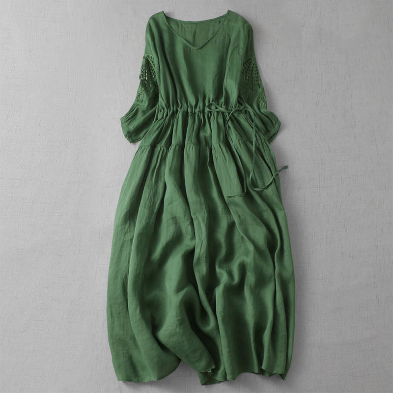 Buddha Stones刺繍パッチワークロングパフスリーブドローストリングミディドレス（ポケット付き） - シーグリーン - US8-10，UK/AU12-14，EU40-42 (2XL) - image 1