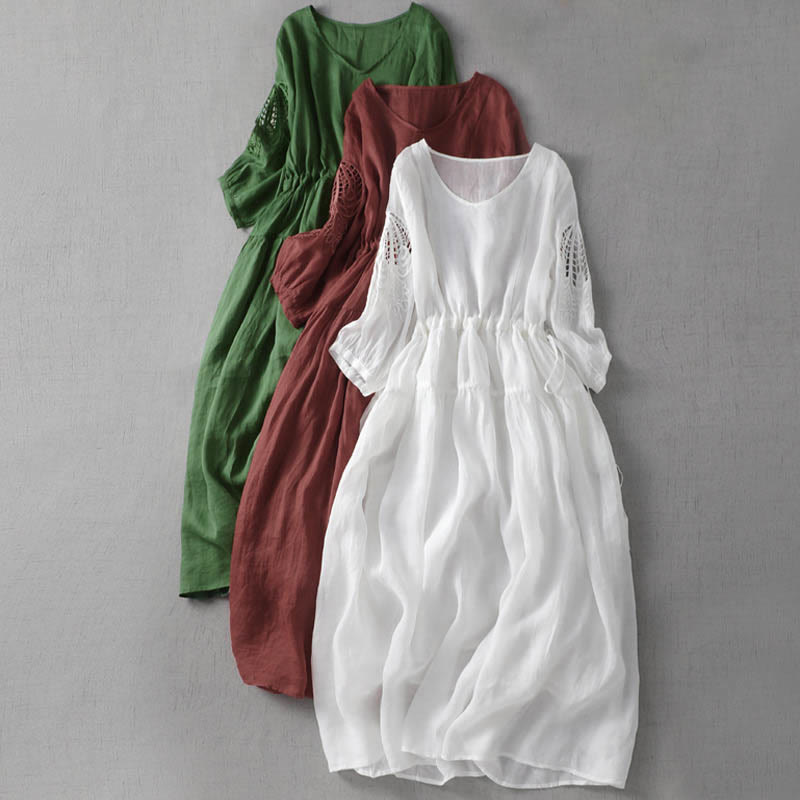 Buddha Stones刺繍パッチワークロングパフスリーブドローストリングミディドレス（ポケット付き） - image 0