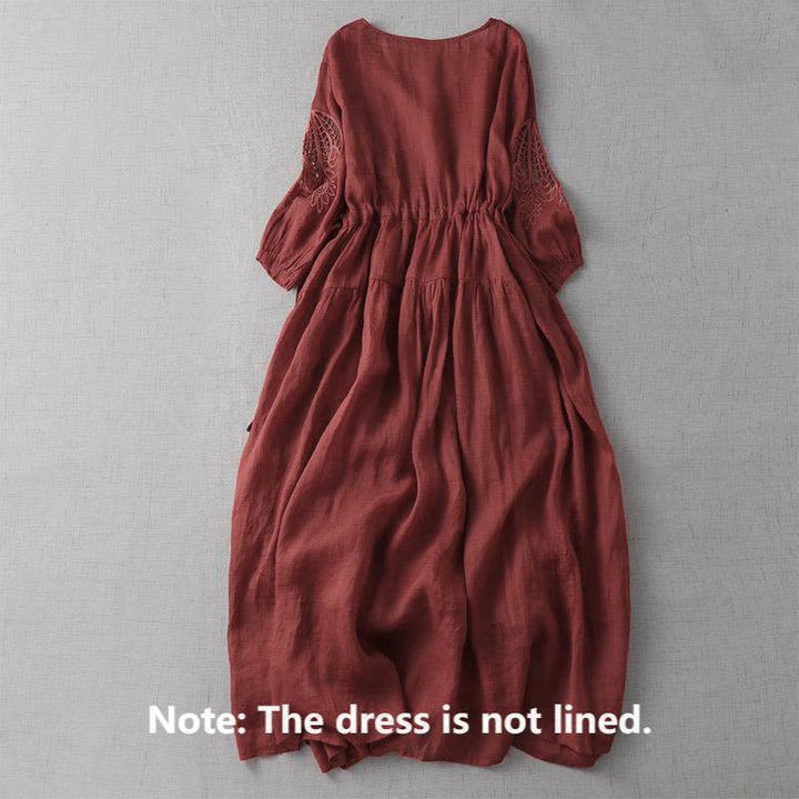 Buddha Stones刺繍パッチワークロングパフスリーブドローストリングミディドレス（ポケット付き） - image 6