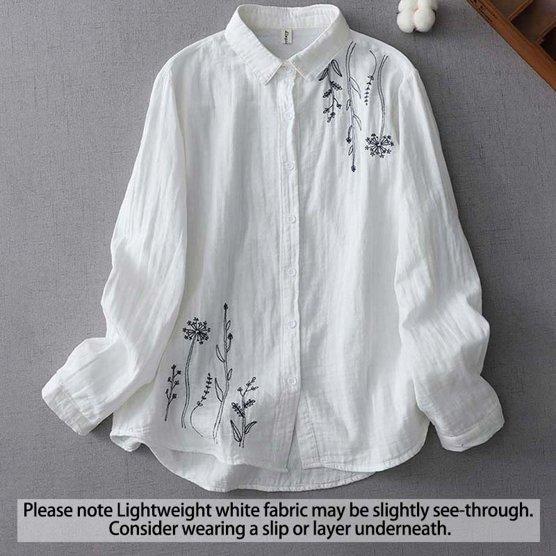 Buddha Stones秋 タンポポ 花 ボタン 長袖 レディース コットンシャツ - 白 - US14、 UK/AU18、 EU46 (3XL) - image 1