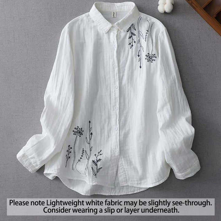 Buddha Stones秋 タンポポ 花 ボタン 長袖 レディース コットンシャツ - 白 - US14、 UK/AU18、 EU46 (3XL) - image 1
