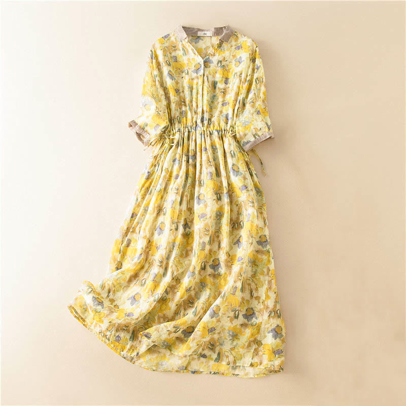 Buddha Stonesハーフスリーブ カラーコントラスト 花柄 ミディドレス ポケット付き - 黄色 - US12、 UK/AU16、 EU44 (3XL) - image 13