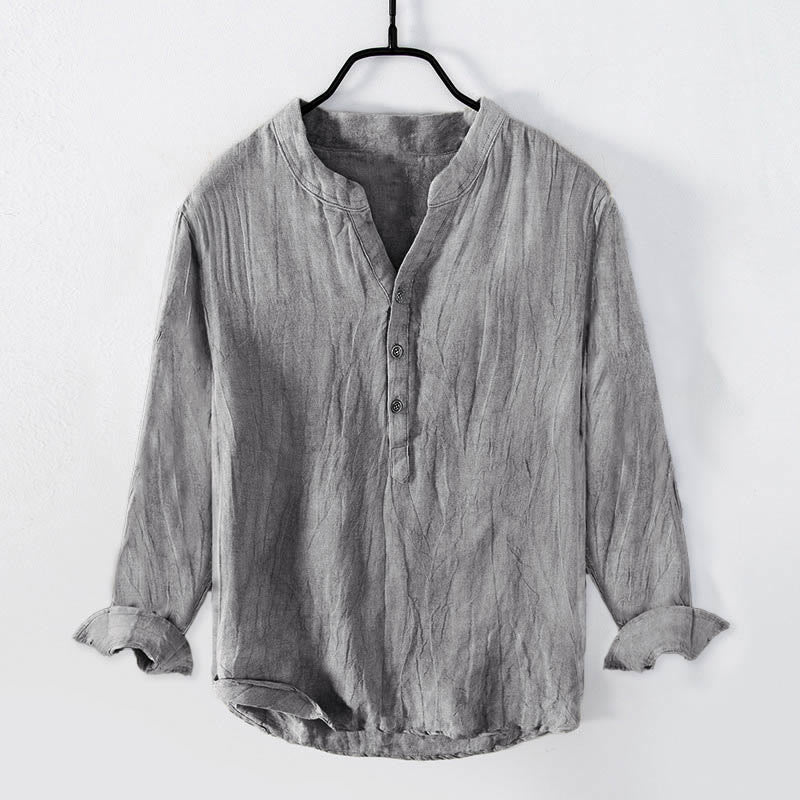 Buddha Stones無地 長袖 ハーフボタンシャツ コットンリネン メンズ 服 - グレー - US/UK/AU50、EU60（5XL） - image 0