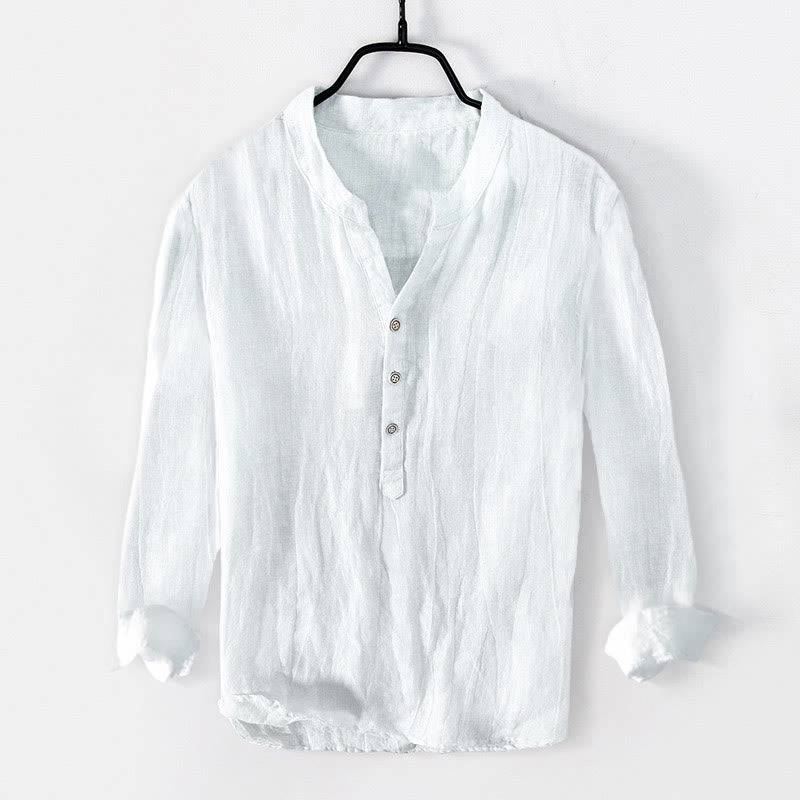 Buddha Stones無地 長袖 ハーフボタンシャツ コットンリネン メンズ 服 - 白 - US/UK/AU50、EU60 (5XL) - image 10