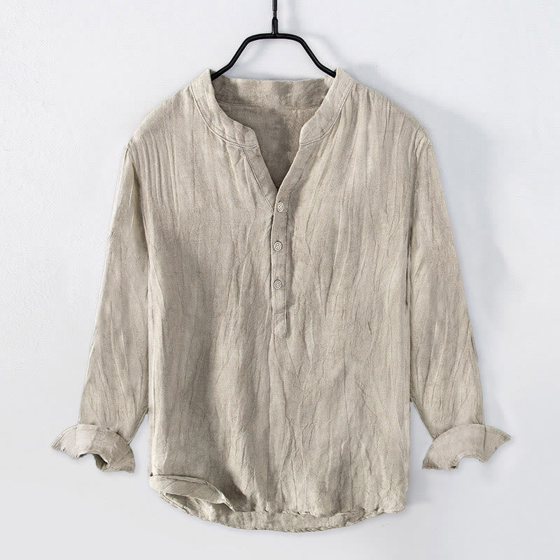 Buddha Stones無地 長袖 ハーフボタンシャツ コットンリネン メンズ 服 - リネン - US/UK/AU50、EU60（5XL） - image 14