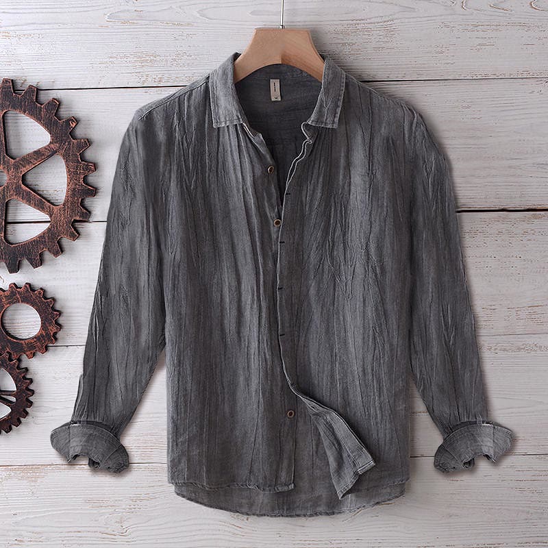 Buddha Stonesメンズ シャツ 無地 ラペルトップ 長袖 快適 ボタン クリース コットン リネン シャツ - グレー - US/UK/AU50、EU60（5XL） - image 4