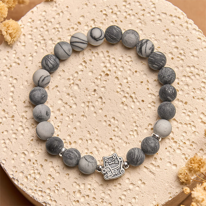 Buddha Stones 925スターリングシルバー グレータビーキャット 天然ブラックベインドジャスパー スタビリティブレスレット - image 2