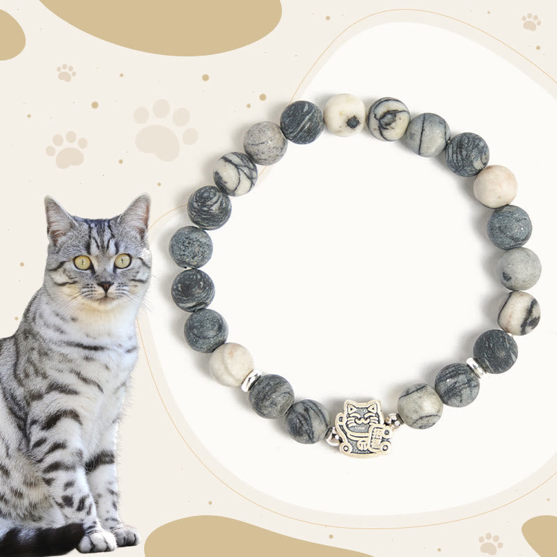 Buddha Stones 925スターリングシルバー グレータビーキャット 天然ブラックベインドジャスパー スタビリティブレスレット - グレーのトラ猫（手首周囲15～16cm） - image 0