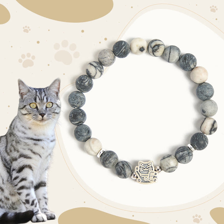 Buddha Stones 925スターリングシルバー グレータビーキャット 天然ブラックベインドジャスパー スタビリティブレスレット - グレーのトラ猫（手首周囲15～16cm） - image 0
