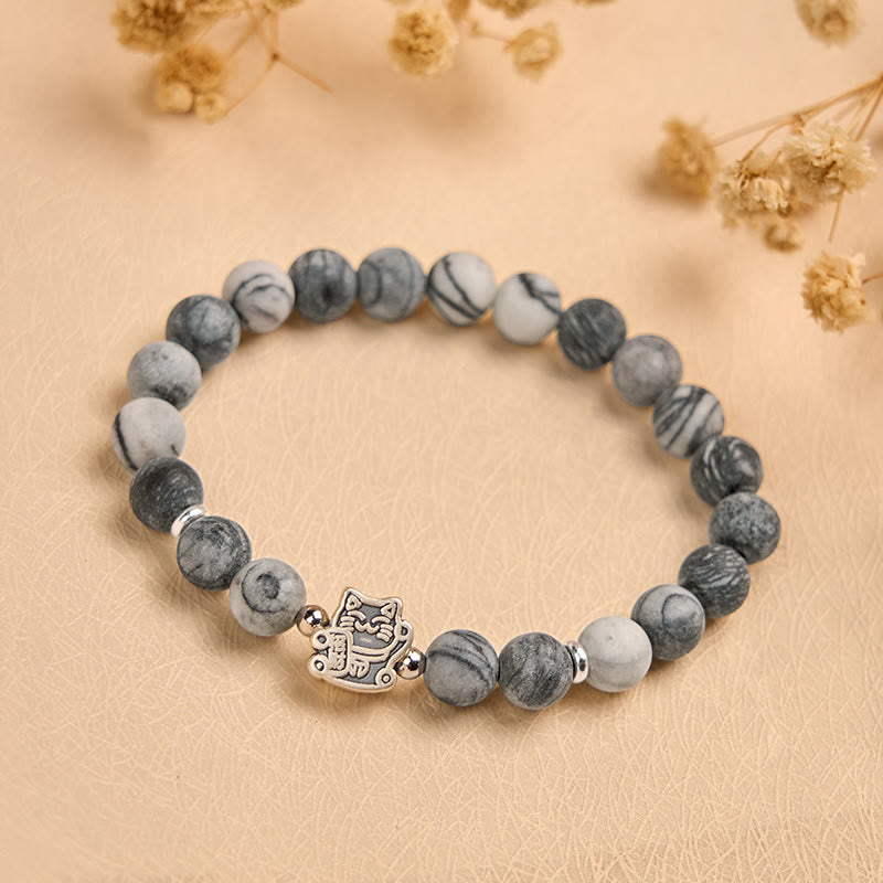 Buddha Stones 925スターリングシルバー グレータビーキャット 天然ブラックベインドジャスパー スタビリティブレスレット - image 1