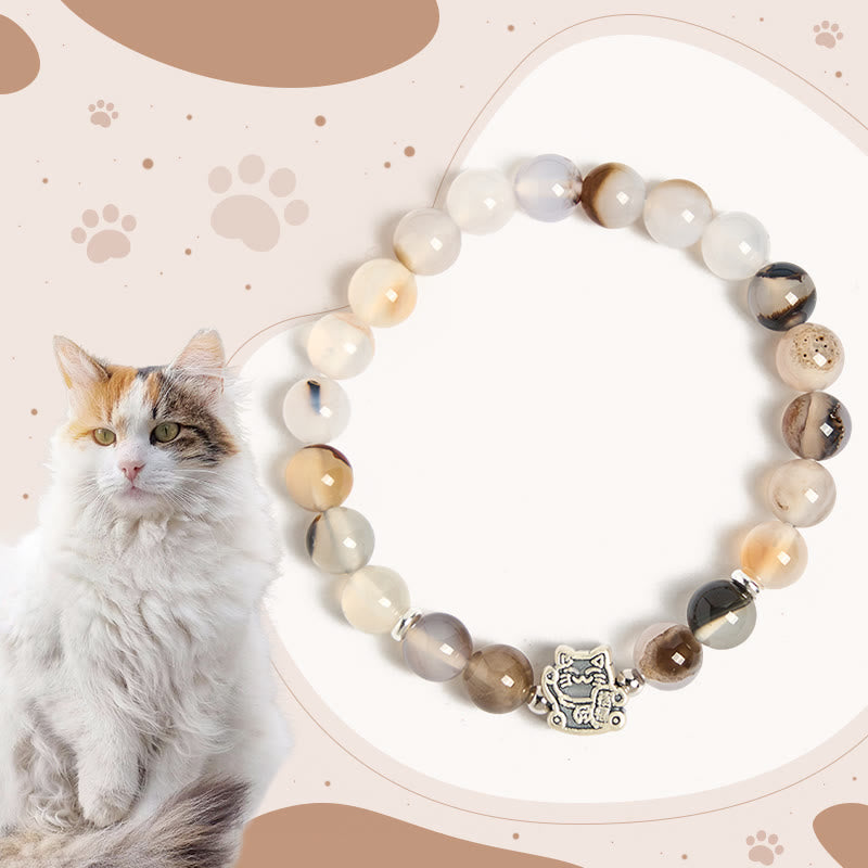 Buddha Stones 925スターリングシルバー キャリコキャット 天然瑪瑙石守護ブレスレット - 三毛猫（手首周り15～16cm） - image 0