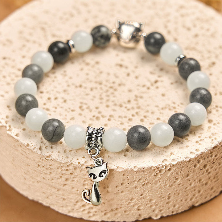Buddha Stonesグレータビーキャット 天然ブラックベインドジャスパー ホワイトカルセドニー スタビリティブレスレット - image 2