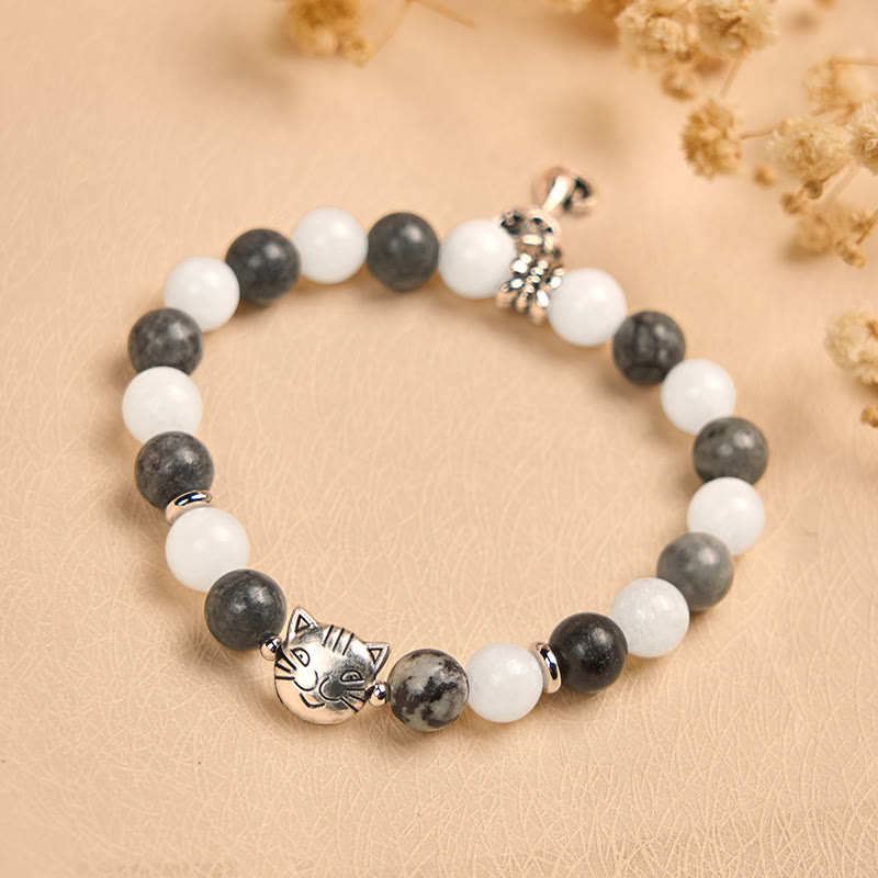 Buddha Stonesグレータビーキャット 天然ブラックベインドジャスパー ホワイトカルセドニー スタビリティブレスレット - image 1
