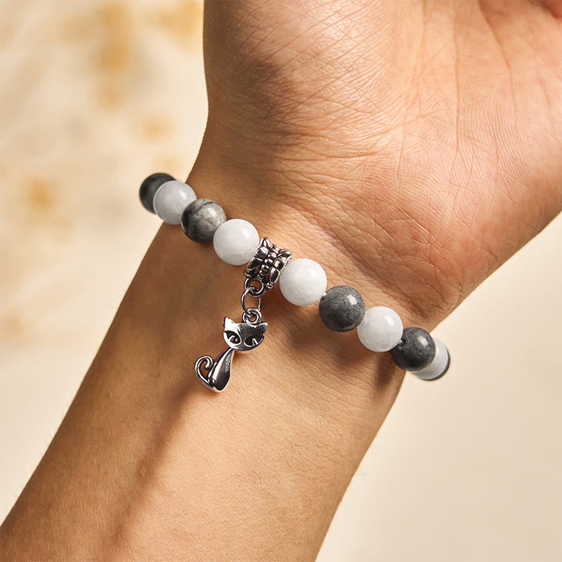Buddha Stonesグレータビーキャット 天然ブラックベインドジャスパー ホワイトカルセドニー スタビリティブレスレット - image 4