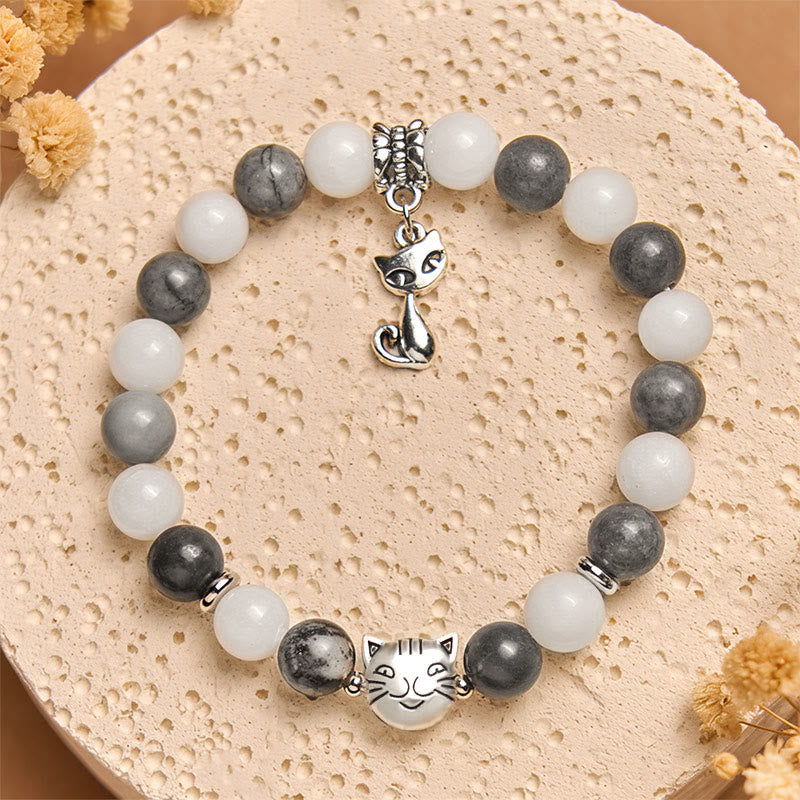 Buddha Stonesグレータビーキャット 天然ブラックベインドジャスパー ホワイトカルセドニー スタビリティブレスレット - image 3