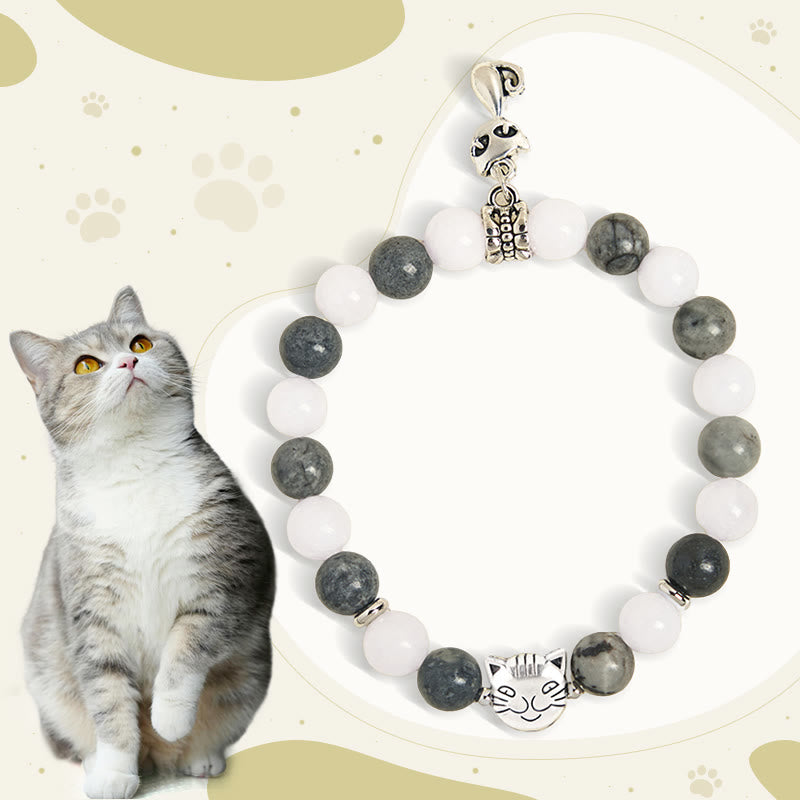 Buddha Stonesグレータビーキャット 天然ブラックベインドジャスパー ホワイトカルセドニー スタビリティブレスレット - グレーのトラ猫（手首周囲15～16cm） - image 0