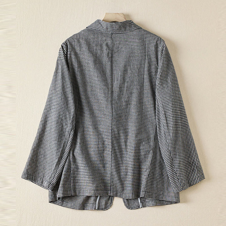 Buddha Stones通勤用チェック柄レディースコットンラペル長袖ジャケット（ポケット付き） - image 1
