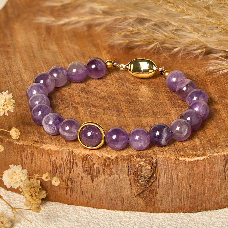 Buddha Stones天然アメジストビーズバランスストレス緩和バックルブレスレット - image 1