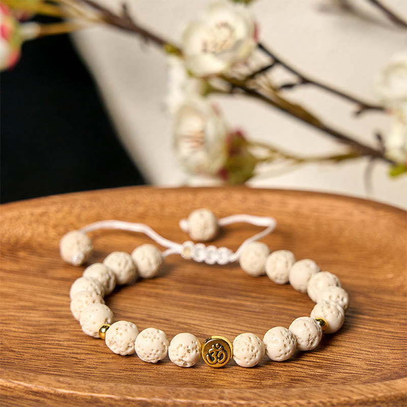 Buddha Stonesホワイト溶岩石 オムシンボル 癒し 穏やか ブレスレット - ホワイト溶岩石（手首周り：15～21cm） - image 0