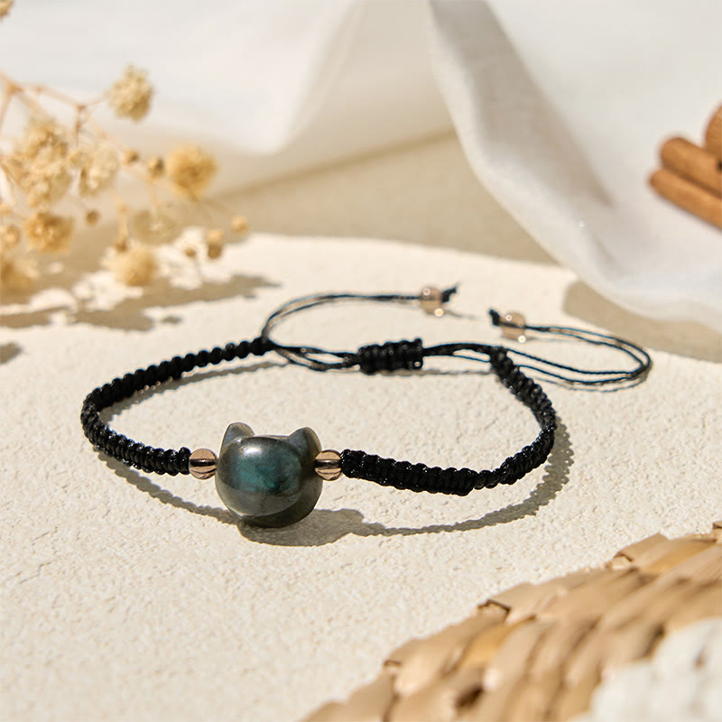Buddha Stones天然ラブラドライト猫の頭モチーフの黒いロープのヒーリングブレスレット - image 1