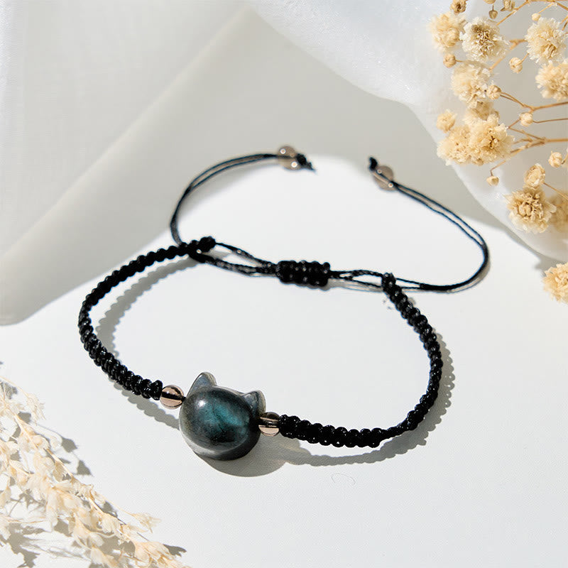 Buddha Stones天然ラブラドライト猫の頭モチーフの黒いロープのヒーリングブレスレット - image 3