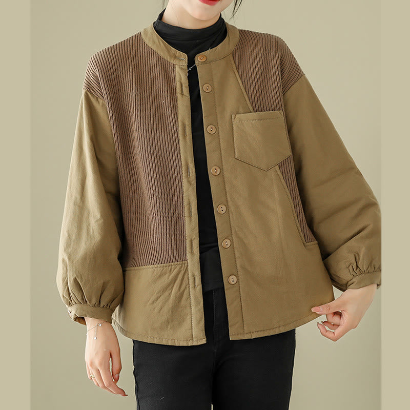 Buddha Stones通勤用 無地 パッチワークデザイン レディース コットン 長袖 ジャケット ポケット付き - image 5