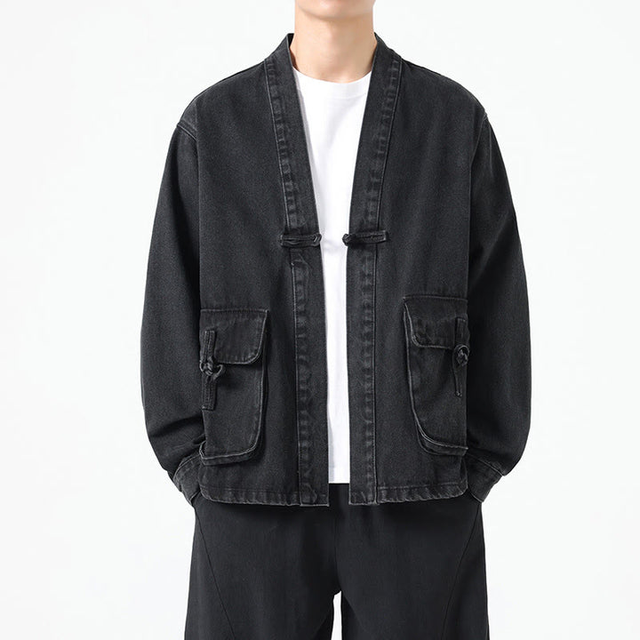 Buddha Stonesデニムボタンデザイン メンズ コットン 長袖ジャケット ポケット付き - 黒 - US/UK/AU48、 EU58(5XL) - image 0