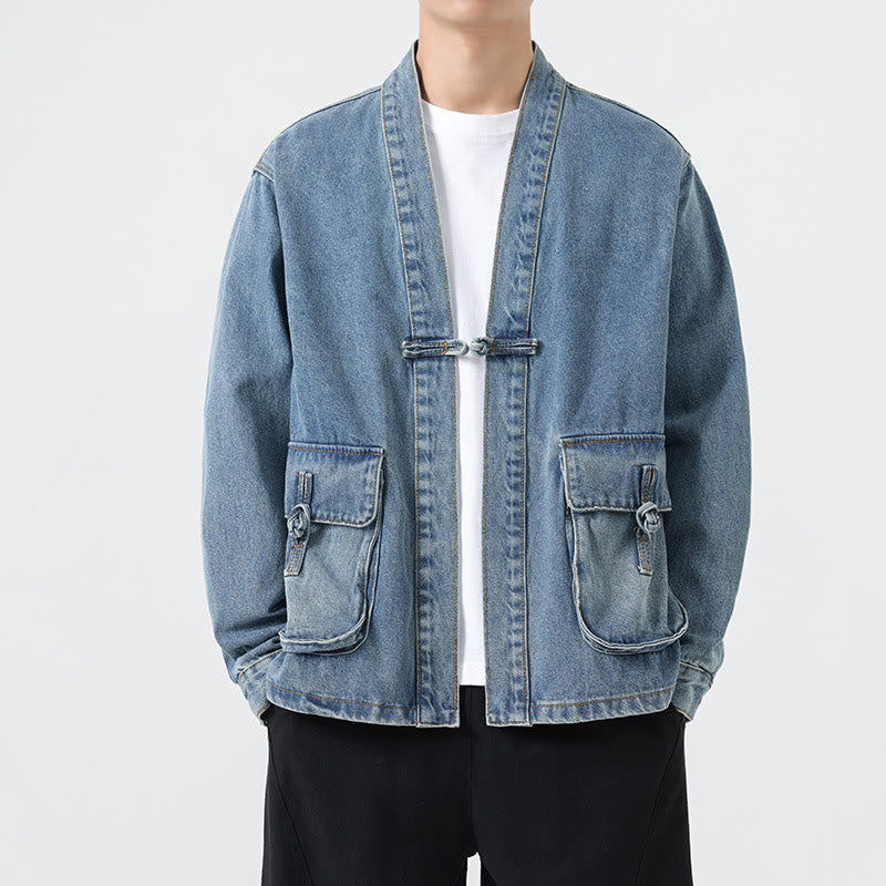 Buddha Stonesデニムボタンデザイン メンズ コットン 長袖ジャケット ポケット付き - ライトスカイブルー - US/UK/AU48、 EU58(5XL) - image 11