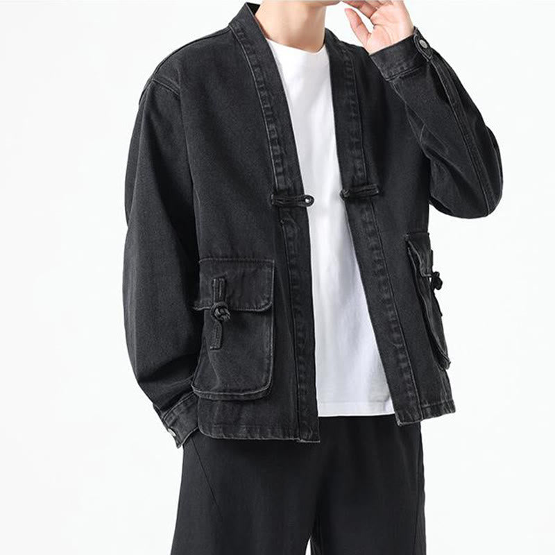 Buddha Stonesデニムボタンデザイン メンズ コットン 長袖ジャケット ポケット付き - image 1