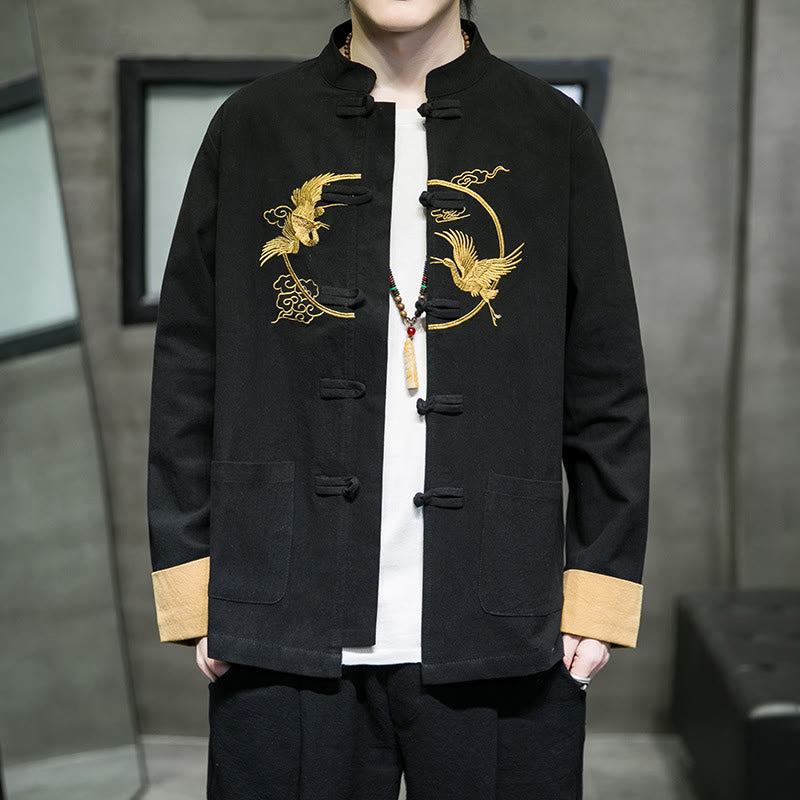 Buddha Stones刺繍鶴吉兆雲カエルボタン長袖コットンリネンメンズシャツ - 黒 - US/UK/AU46、 EU56 (5XL) - image 14