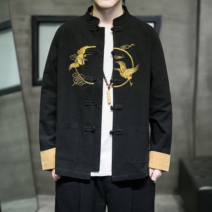 Buddha Stones刺繍鶴吉兆雲カエルボタン長袖コットンリネンメンズシャツ - 黒 - US/UK/AU46、 EU56 (5XL) - image 14