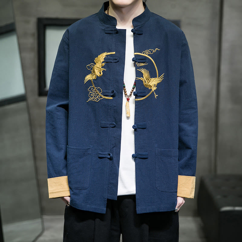 Buddha Stones刺繍鶴吉兆雲カエルボタン長袖コットンリネンメンズシャツ - スティールブルー - US/UK/AU46、 EU56 (5XL) - image 21