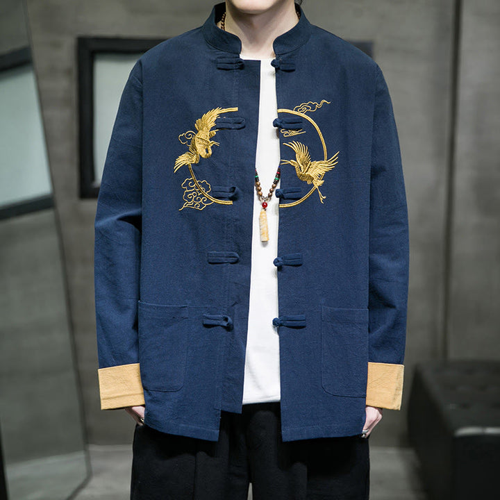 Buddha Stones刺繍鶴吉兆雲カエルボタン長袖コットンリネンメンズシャツ - スティールブルー - US/UK/AU46、 EU56 (5XL) - image 21