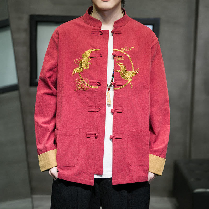 Buddha Stones刺繍鶴吉兆雲カエルボタン長袖コットンリネンメンズシャツ - トマト - US/UK/AU46、 EU56 (5XL) - image 29