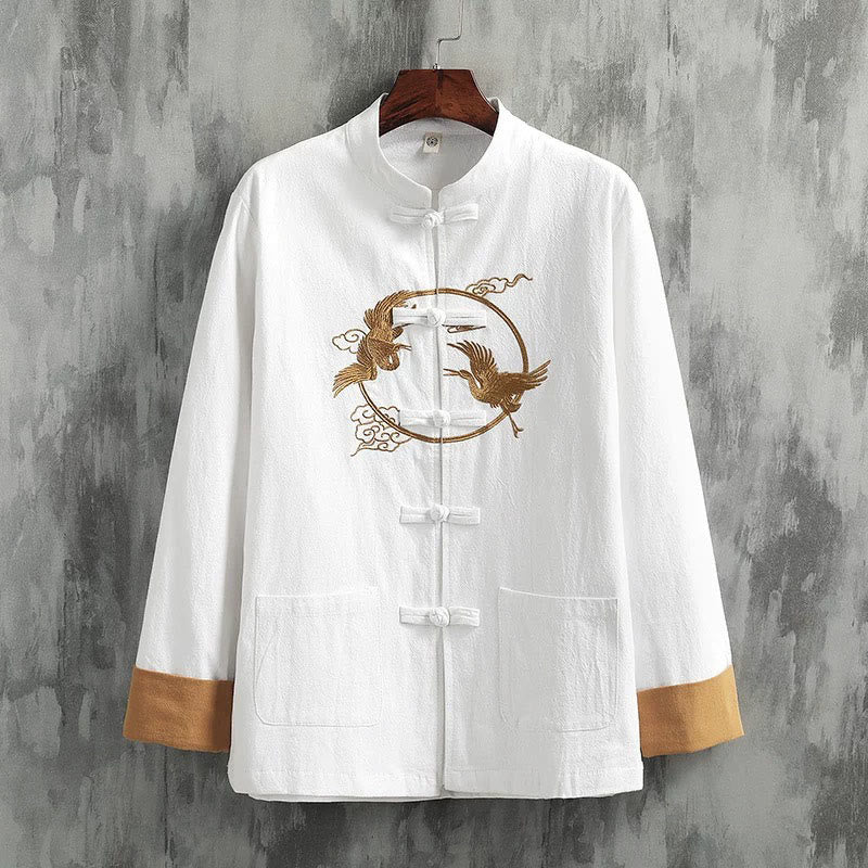 Buddha Stones刺繍鶴吉兆雲カエルボタン長袖コットンリネンメンズシャツ - 白 - US/UK/AU46、 EU56 (5XL) - image 0