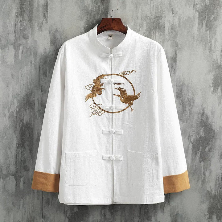 Buddha Stones刺繍鶴吉兆雲カエルボタン長袖コットンリネンメンズシャツ - 白 - US/UK/AU46、 EU56 (5XL) - image 0