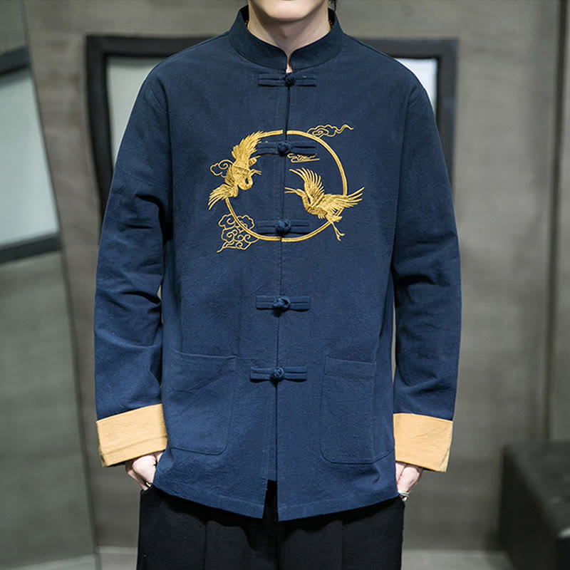 Buddha Stones刺繍鶴吉兆雲カエルボタン長袖コットンリネンメンズシャツ - image 25