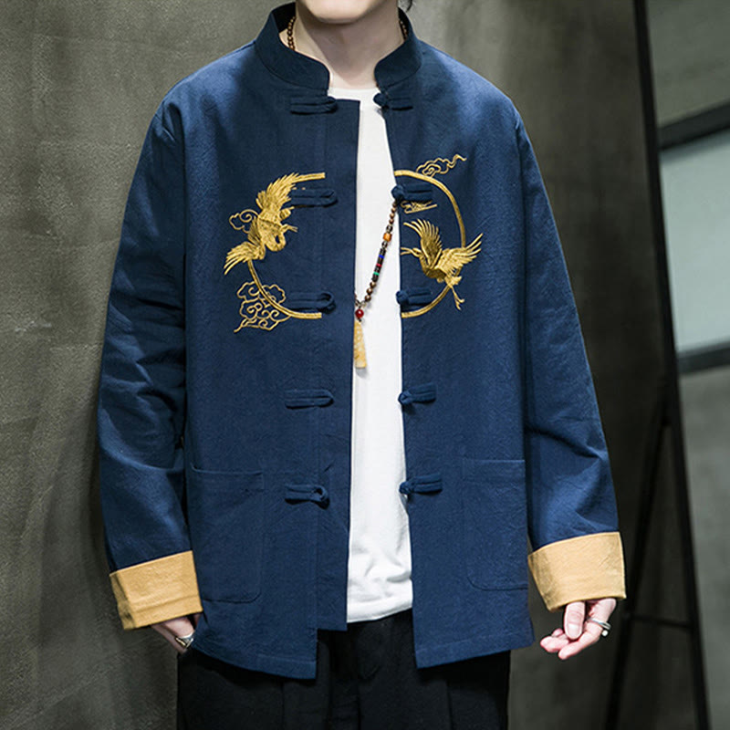 Buddha Stones刺繍鶴吉兆雲カエルボタン長袖コットンリネンメンズシャツ - image 28