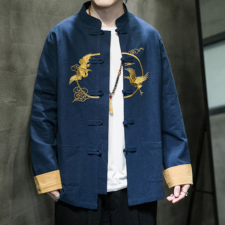 Buddha Stones刺繍鶴吉兆雲カエルボタン長袖コットンリネンメンズシャツ - image 28