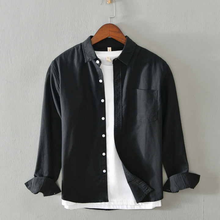 Buddha Stones無地長袖ボタンダウンデザインメンズコットンシャツ - 黒 - US/UK/AU40、EU50（3XL） - image 4