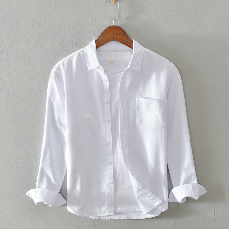 Buddha Stones無地長袖ボタンダウンデザインメンズコットンシャツ - 白 - US/UK/AU40、EU50（3XL） - image 3