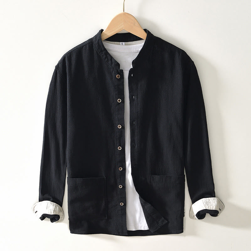 Buddha Stones秋冬 無地 長袖 ボタン メンズ ラミー コットン シャツ ポケット付き - 黒 - US/UK/AU42、 EU52 (3XL) - image 0