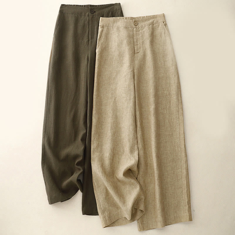 Buddha Stonesカジュアル 無地 レディース コットンリネン 伸縮性ウエスト ワイドレッグパンツ ポケット付き - image 0
