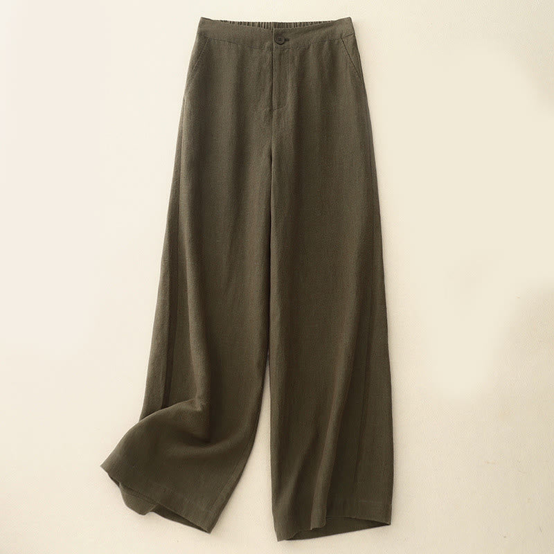 Buddha Stonesカジュアル 無地 レディース コットンリネン 伸縮性ウエスト ワイドレッグパンツ ポケット付き - オリーブ - US8-10，UK/AU12-14，EU40-42 (2XL) - image 1